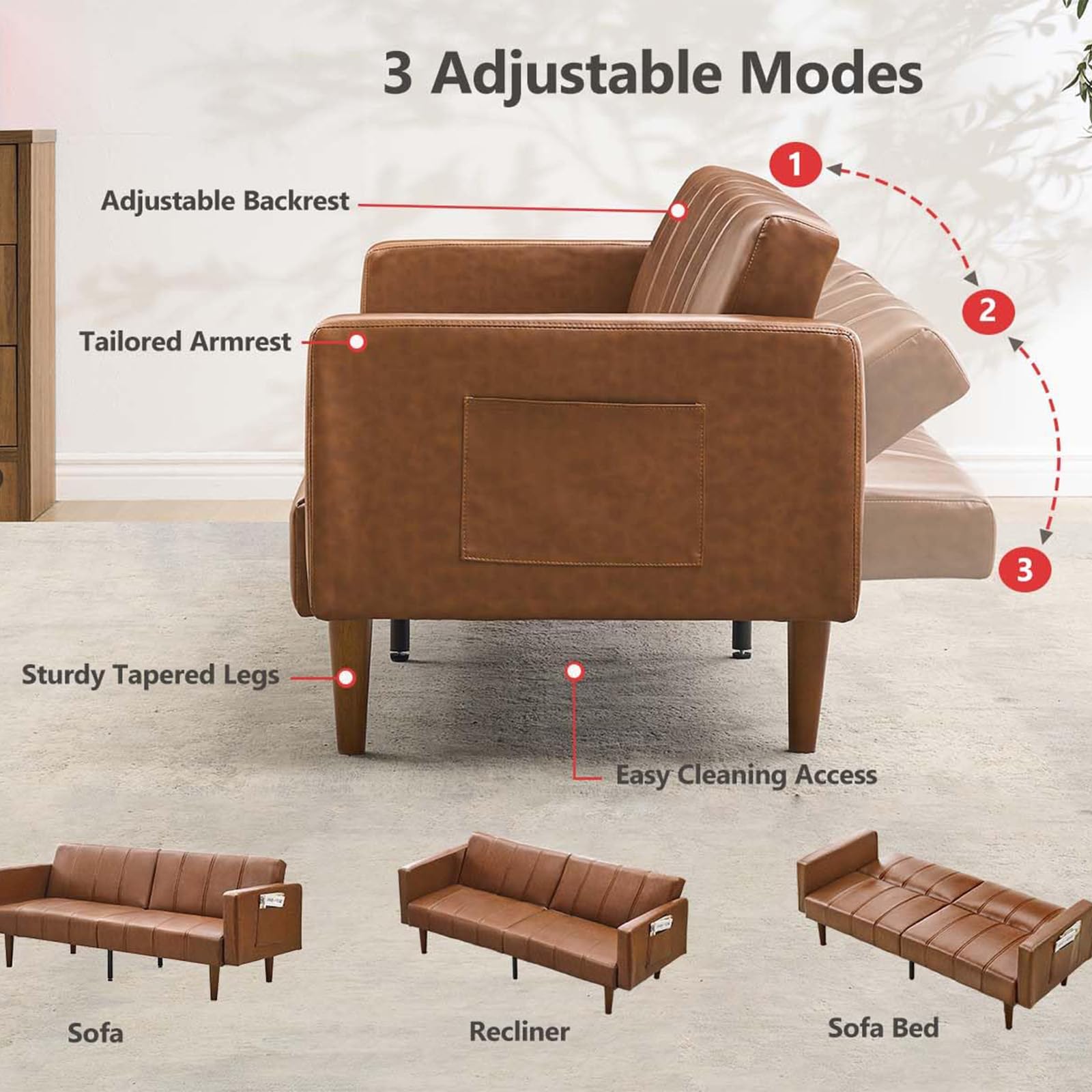 Convertible PU Leather Futon Sofa Bed – 75" Sleeper Couch with Adjustable Backrest, Mid-Century Modern Loveseat, Space-Saving Recliner, Side Pockets, Easy Assembly, Living Room or Guest Room
