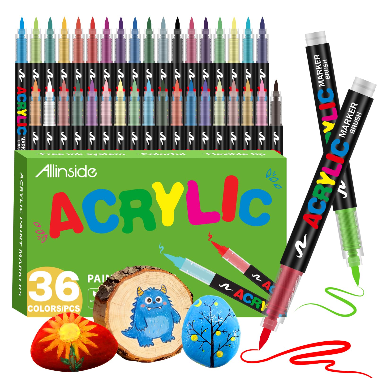 Allinside Acrylic Paint Pens 36 Colors, Soft Brush Tip Markers, Waterproof Non Toxic Art Pens for Rock Painting Wood Canvas Glass Ceramic Stone Fabric DIY Crafts