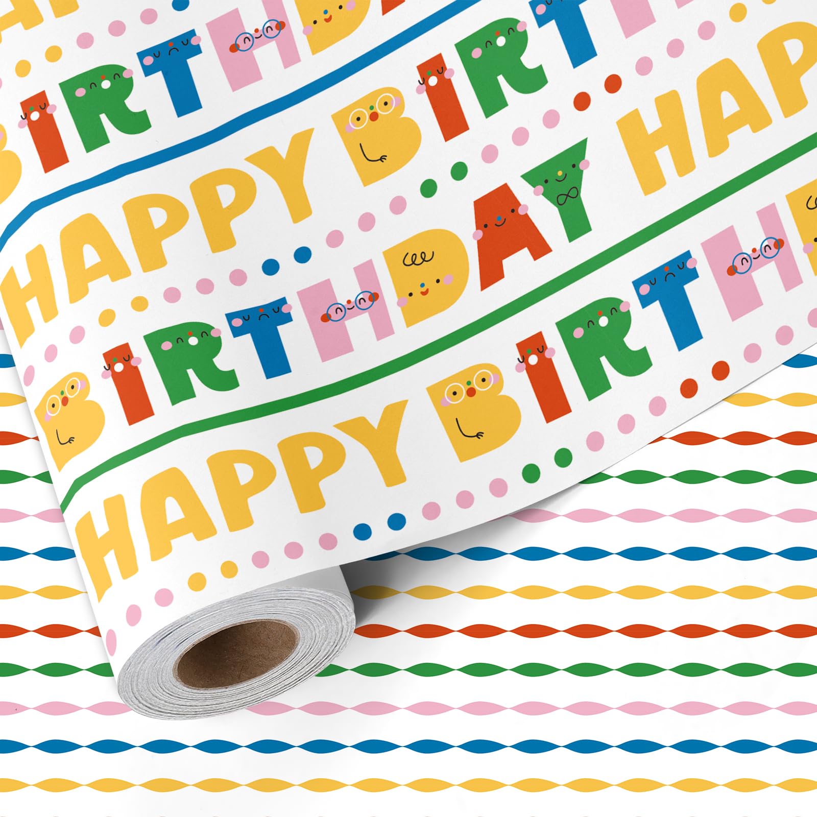 BIOBROWN Birthday Wrapping Paper Roll – Colorful Happy Birthday Gift Wrap for Kids & Adults, Fun Party Design, Durable Gift Wrapping Paper for Birthday Presents，43cm X 10m