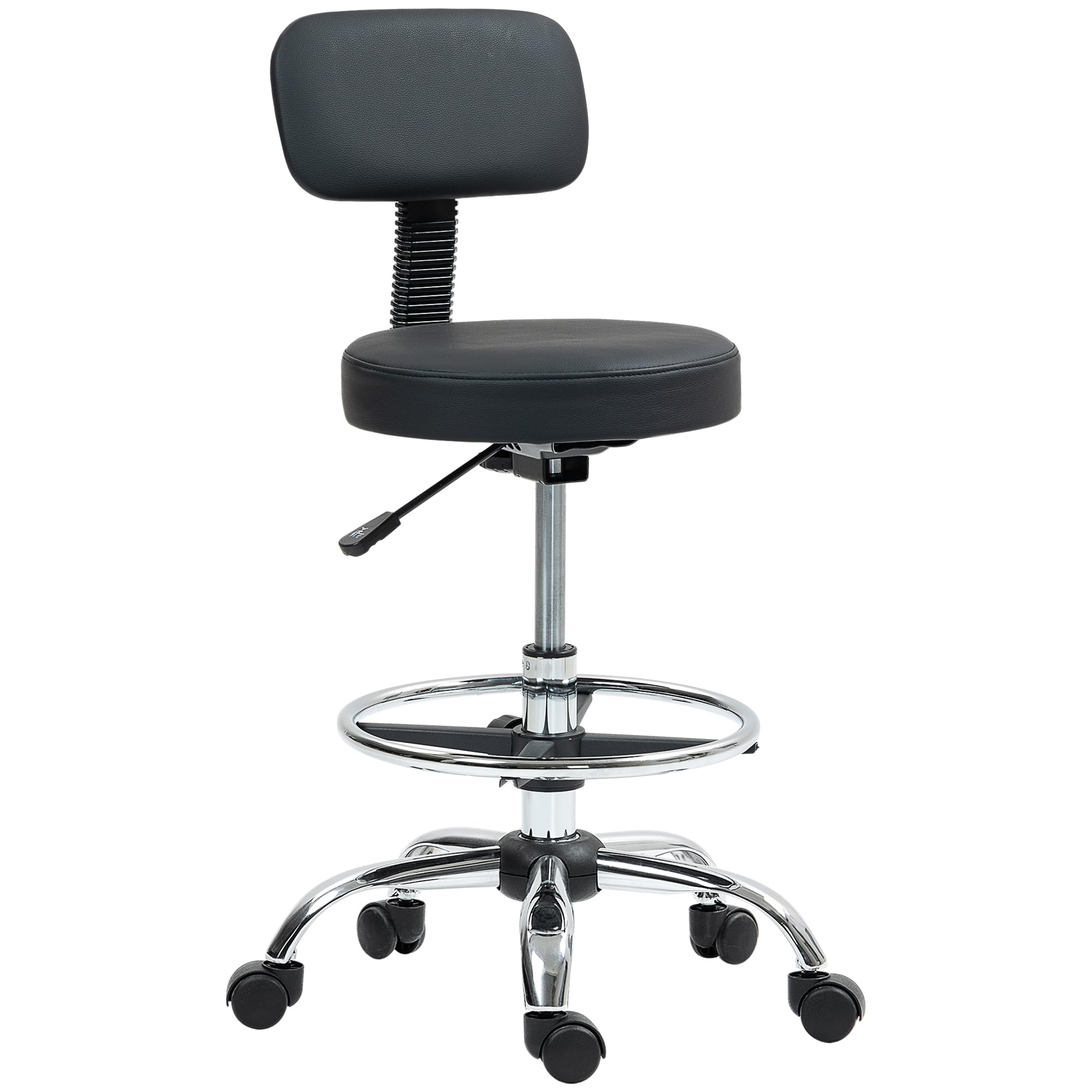 HOMCOM Taburete Giratorio, Taburete con Ruedas y Respaldo, Reposapiés, Altura Ajustable, Tapizado en Cuero Sintético, para Oficina, Dormitorio, Negro