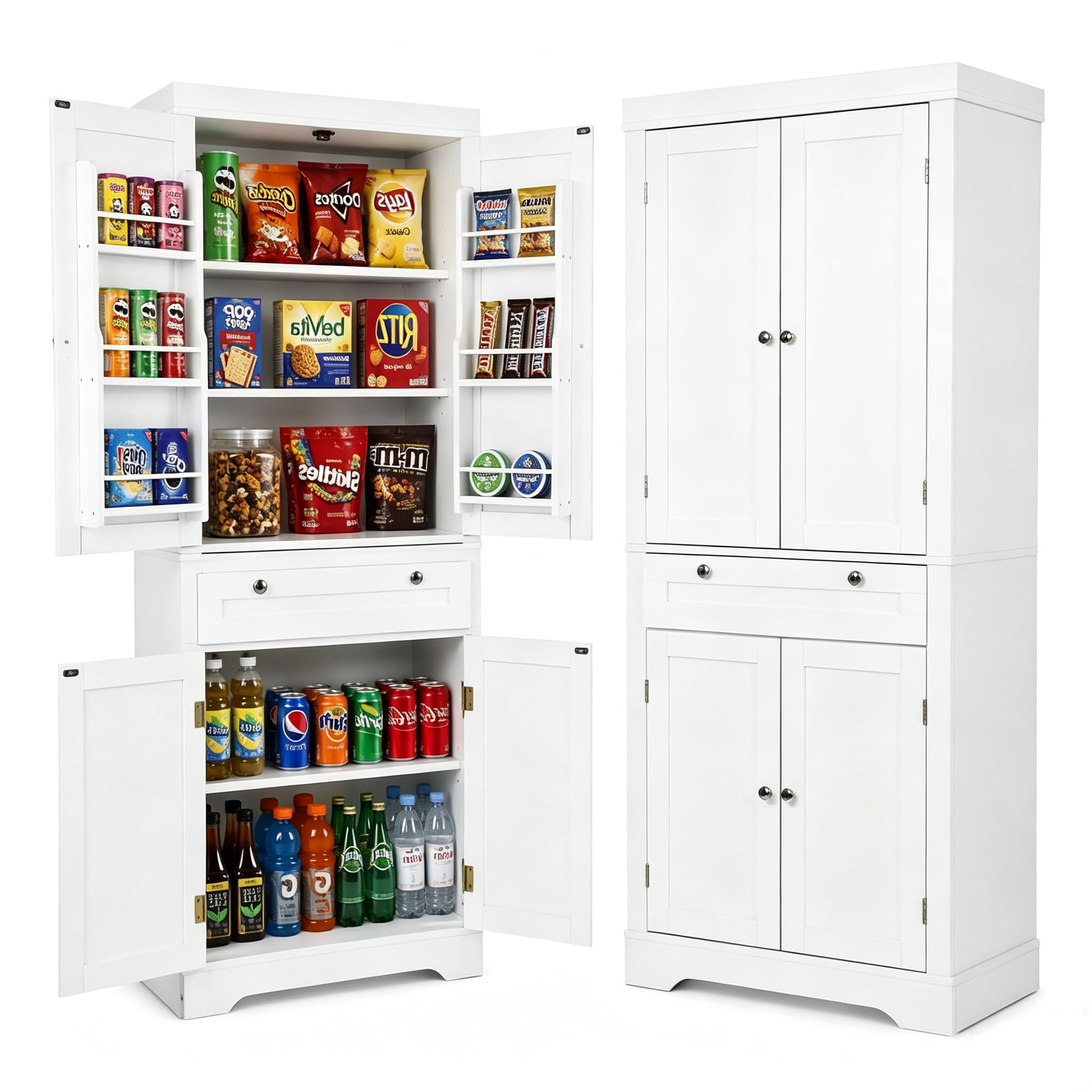 Credenza Cucina Alta, Mobile Dispensa Alto 4 Ante e Cassetti con Ripiani Regolabili e Portaspezie sulla Porta, Colonna Bagno Alta e Stretta per Salvaspazio, 76x40x182cm
