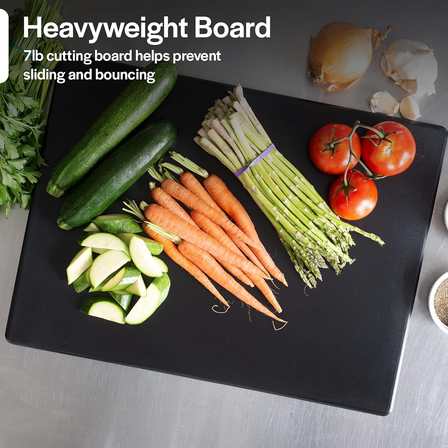 Condition photo showing New/Like New for Thick Black Cutting Board 24x18 Extra Large 1" HDPP Plastic for Restaurants and Professional Kitchens, NSF Stamped - 13 lb