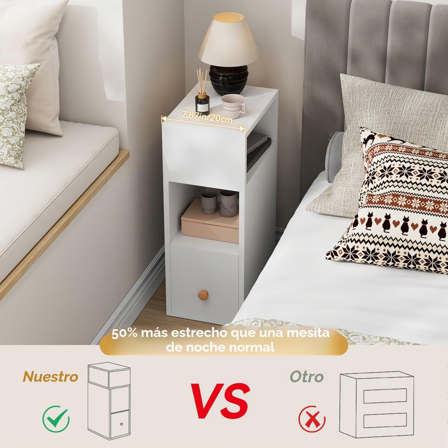 IBUYKE Juego de 2 Mesita de Noche Estrecha, Mesilla de Noche Pequeñas con 2 Compartimentos y 1 Cajón, 20x29x55 cm, Mesa Auxiliar para Dormitorio, Salón, Blanco WNS006W-2