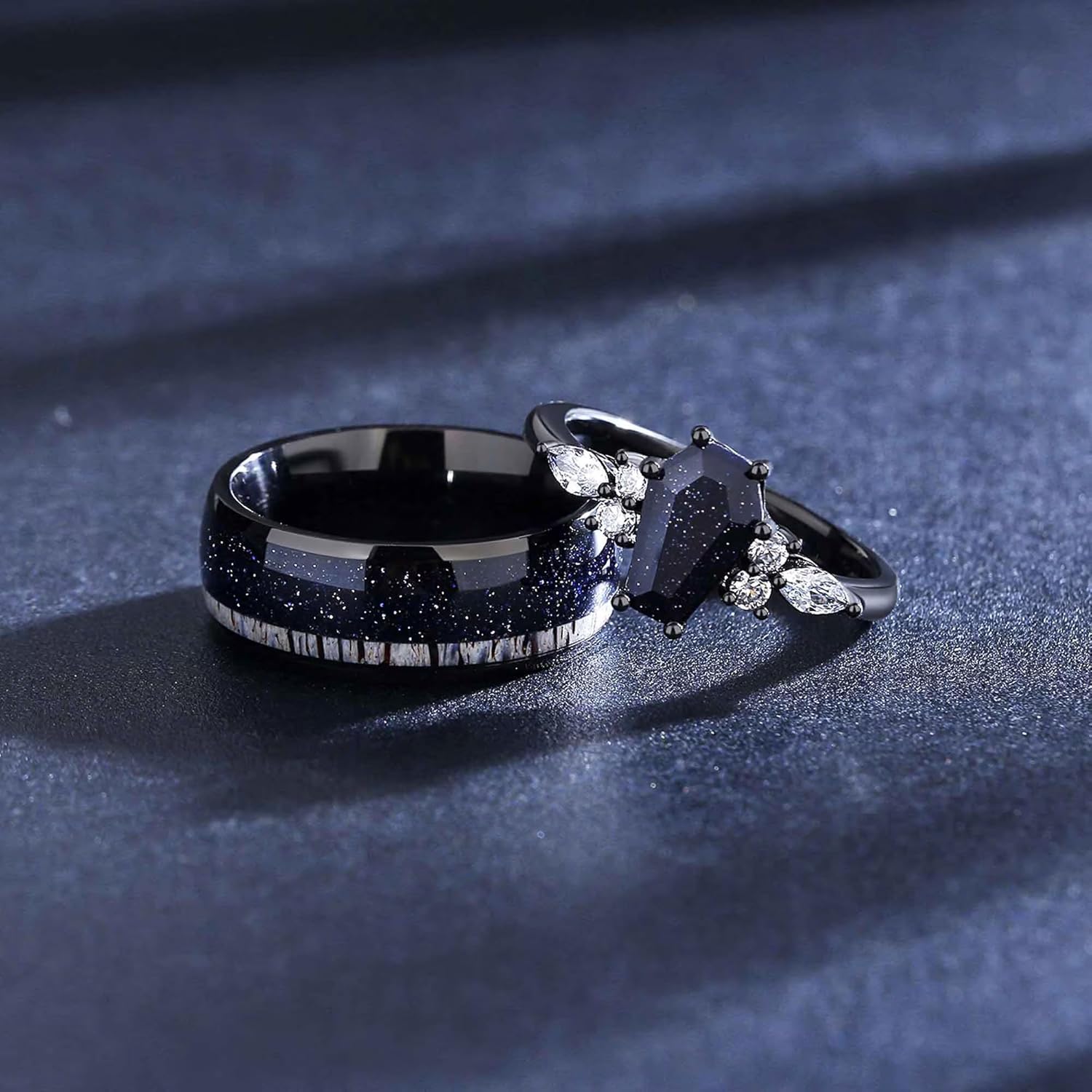 Blue Sandstone Wedding Ring Set for Couples, Galaxy Personalized Engraved Promise Rings, Black Stainless Steel with Shield Cut Stone, 2 Pieces