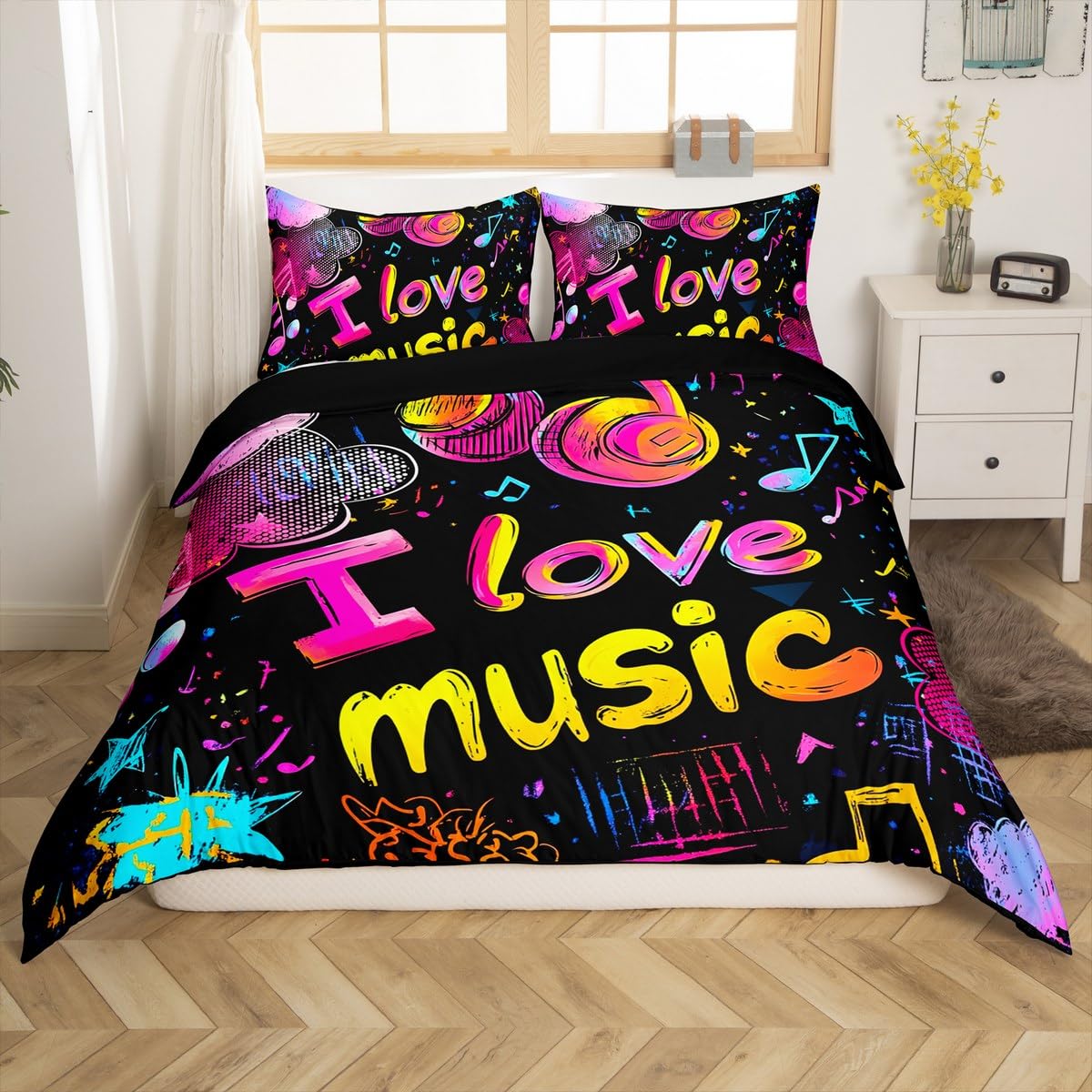 Feelyou Music Note Duvet Cover Set King Size Rock Music Theme Comforter Cover Boys Girls Headphones Radio Bedding Set Luxury Microfiber Quilt Cover 2
