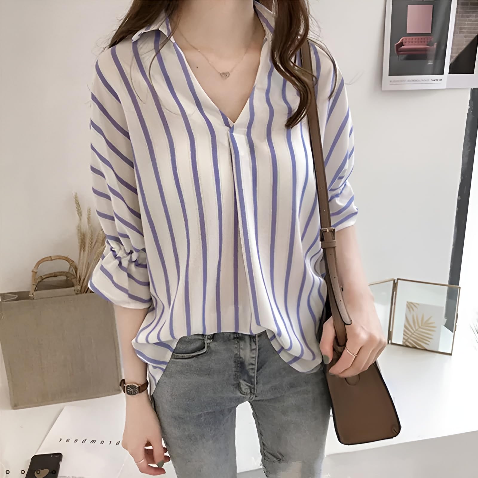 Ellniges]【Korean Style Summer Shirt Women's Striped Tie-Waist Blouse 2025 - Soft Loose Fit 3/4 Sleeve Shirt for Beach/Streetwear & Modest Outfits