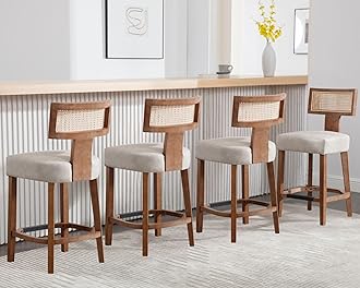 26’’ Rattan Barstools with Back Counter Height Bar Stools Set of 4, Grey PU Leather Upholstered Modern Farmhouse Kitchen Counter Wicker Stools, Boho Bar Chairs with Natural Wooden Frame