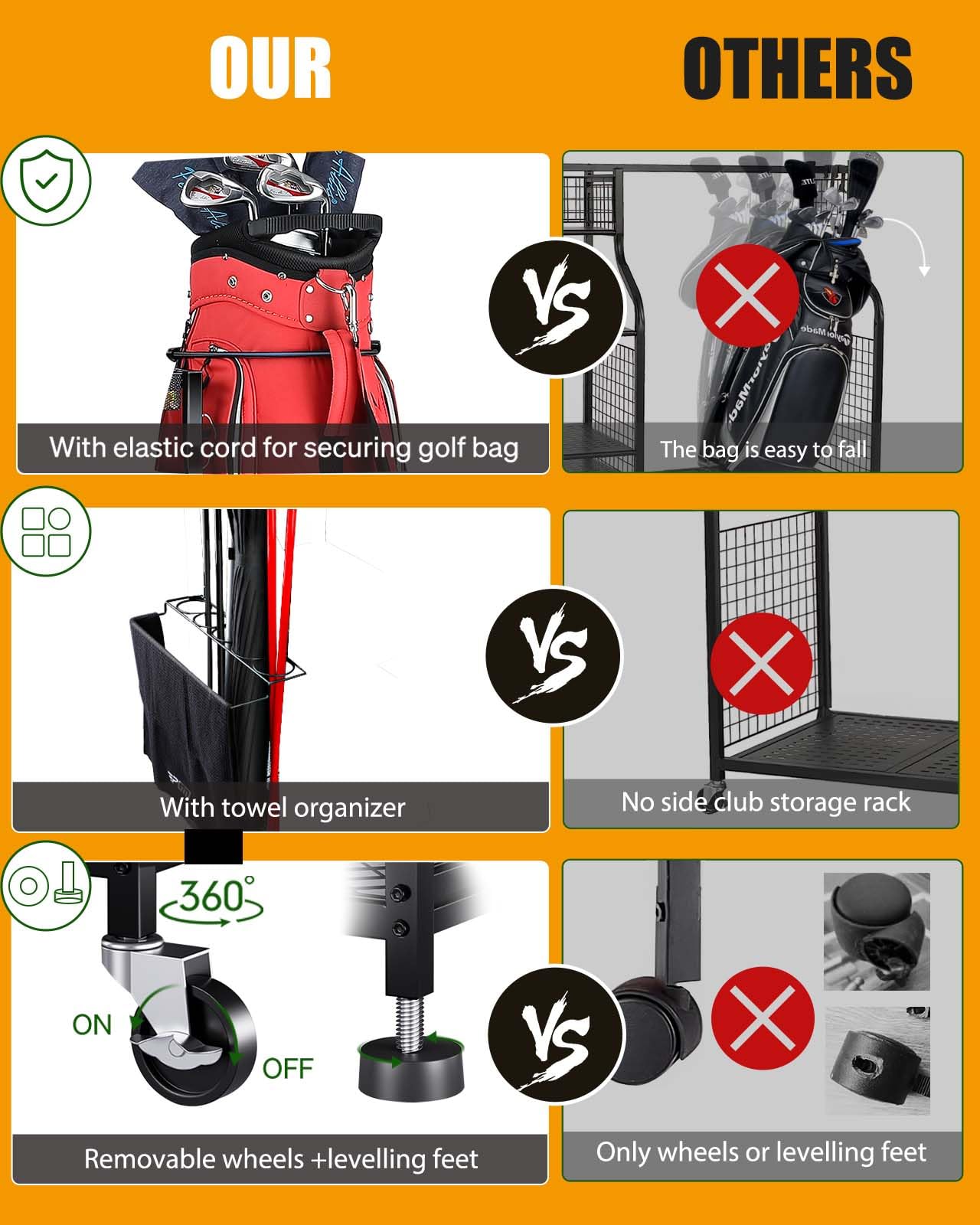 EXTCCT Organizer per borse da golf, supporto per borse da golf, accessori per attrezzature da golf, rack con ruote, mazze da golf, organizzatori per attrezzi da golf