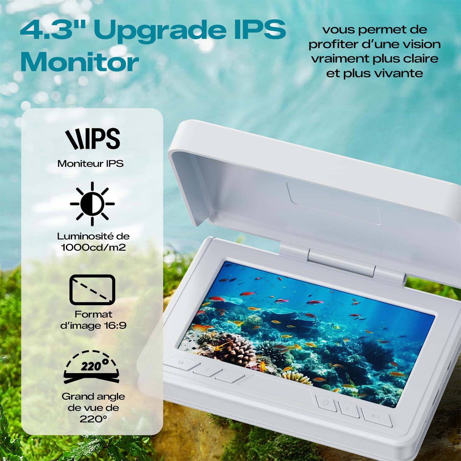 FourQ Sondeur Vidéo Pêche sous-Marine, Écran HD 4,3", Grand Angle 220°, Caméra Vision Nocturne IR, Câble Étanche 30m, 5000mAh, Idéal Pêche sur Glace, Lac, Bateau, Kayak
