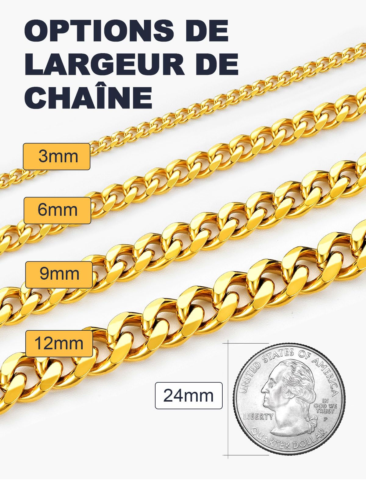 U7 Largeur 3/6/9MM Chaîne pour Homme Femme Acier Inoxydable，Taille 36-76cm, Bijoux Colliers Cadeaux pour Anniversaire Fêtes des Pères