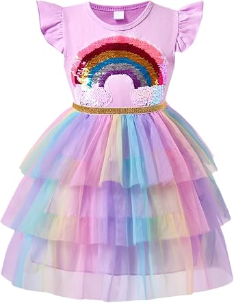 Little Girls Tulle Tutu Dress Toddler Summer Ruffle Sleeve Fluffy Tiered Dress Kids Birthday Party Outfits 2-7 Years