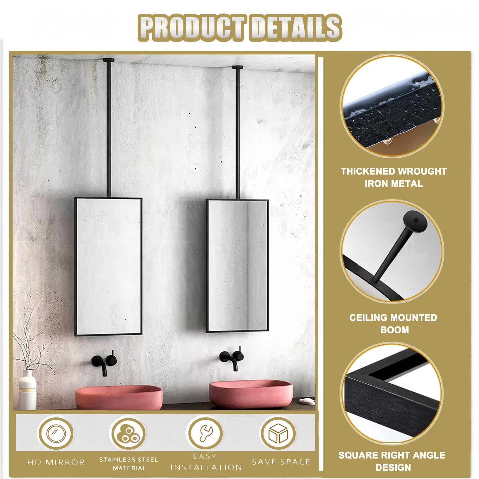 Specchi decorativi rettangolari da parete, specchio sospeso a soffitto per trucco da barba, guardaroba, bagno, specchio quadrato con cornice in metallo nero(40cmx60cm)