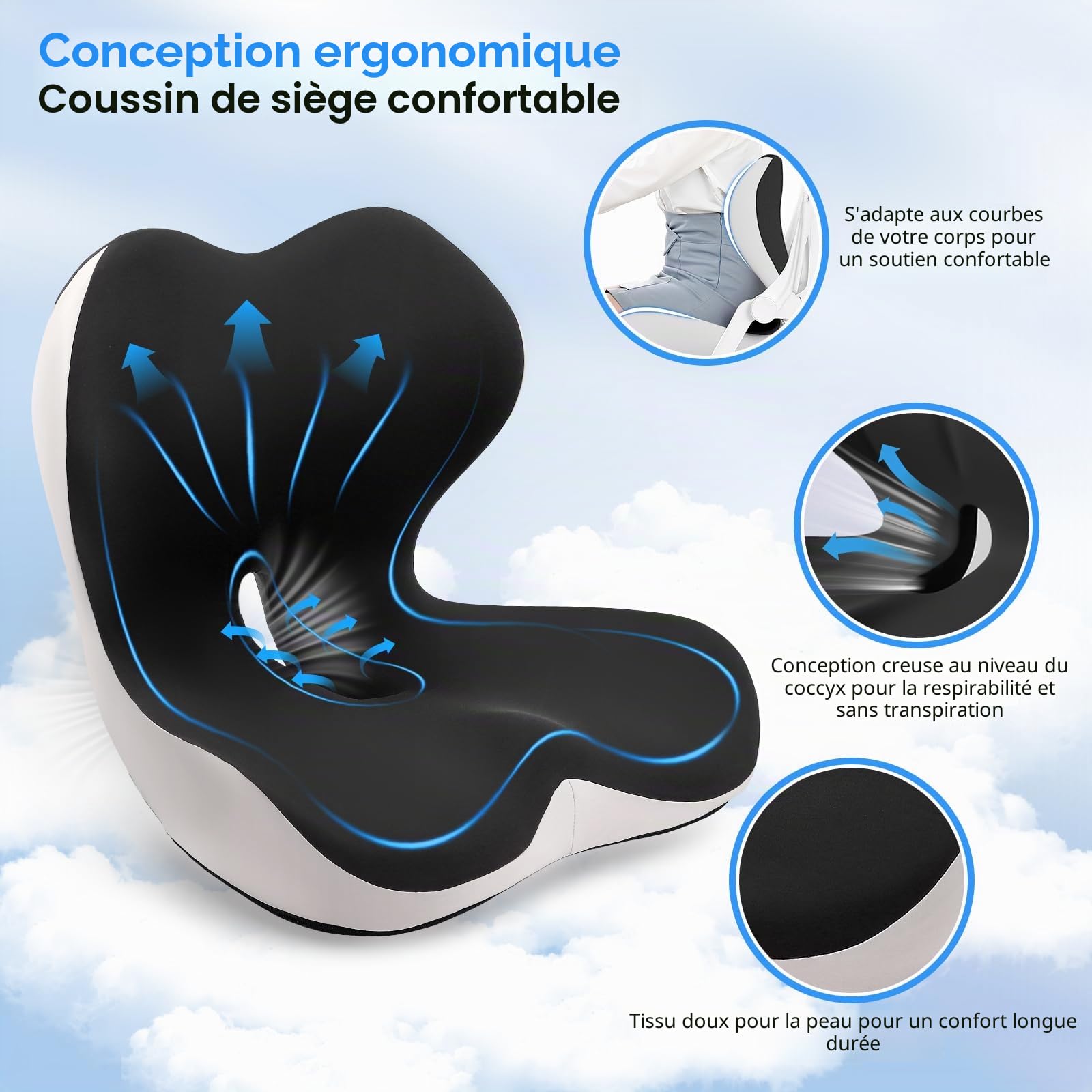 Coussin Chaise Lombaire, Coussin de Siège en Mousse à Mémoire, d'assise Orthopédique avec Dossier, Ergonomique, Memoire Forme Plusieurs Zones Fonctionnelles, pour Bureau Coussins Siège de Voiture