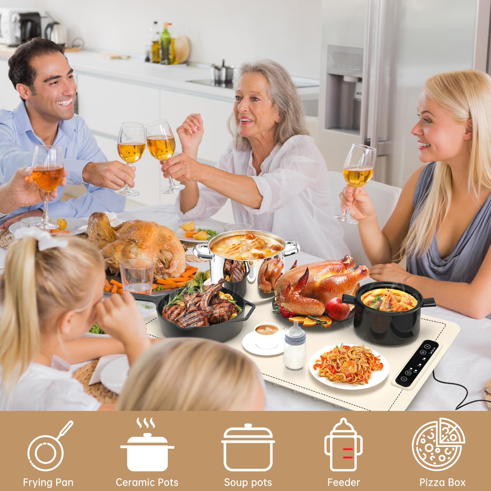 Bandeja Calefactora Electrica, Alfombrilla Calefactora Plegable para Alimentos, Tres Niveles de Temperatura, Tres Modos de Tiempo, Aislamiento en Toda La Superficie y Enrollado Flexible