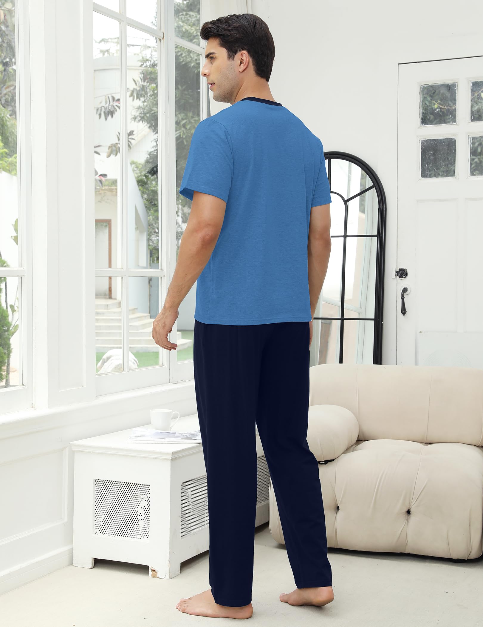 Pijama Hombre Algodon Largo Verano, Ropa de Dormir Dos Piezas, Conjunto Camiseta Manga Corta y Pantalones con Bolsillos, Ropa de Casa Suave y Cómodo S-XXL