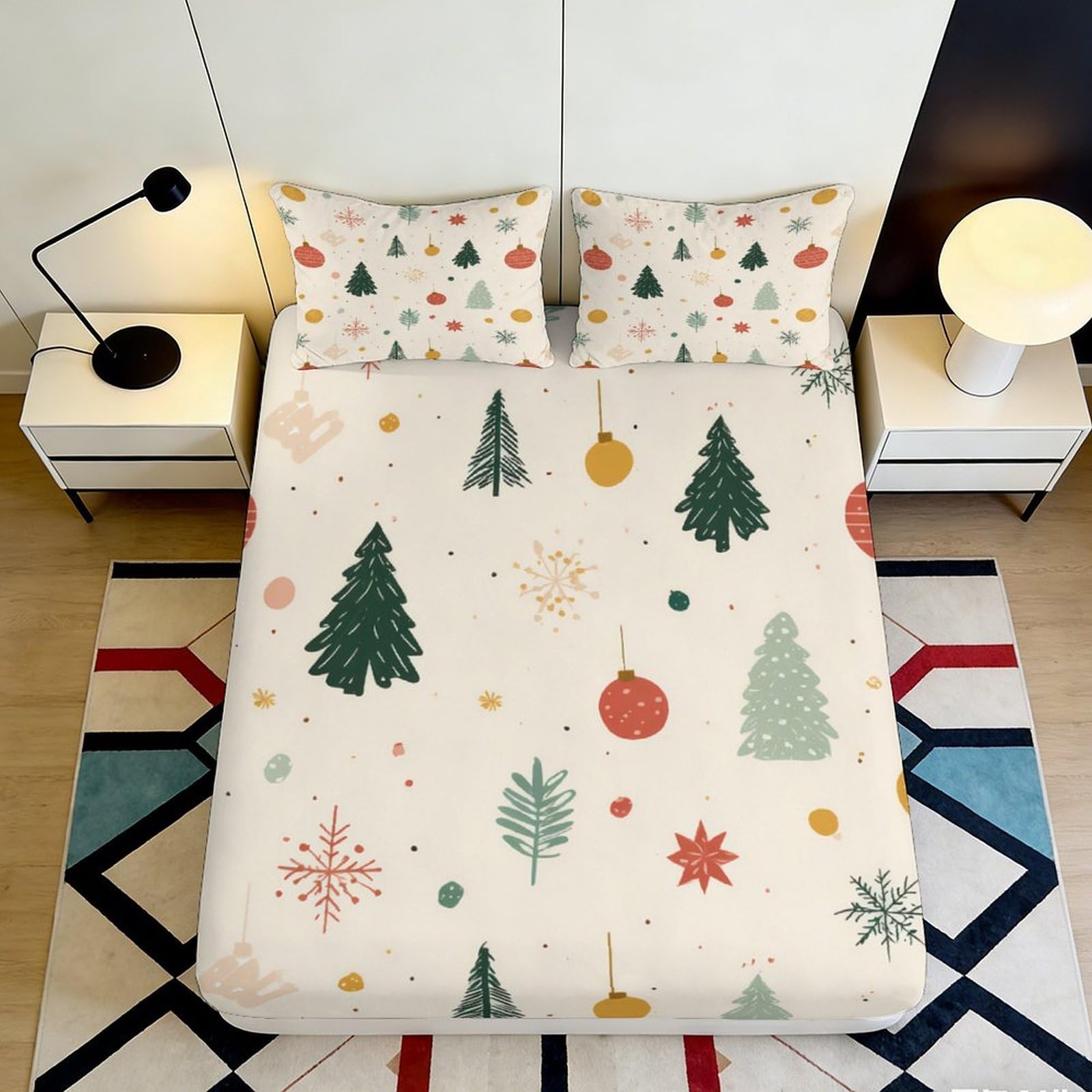 3D Printed Christmas Tree Fitted Sheet Microfiber Soft Breathable Snowflake Bed Cover for Bedroom Dormitory Guest Room Mattress Protection Decor 140x200x25cm