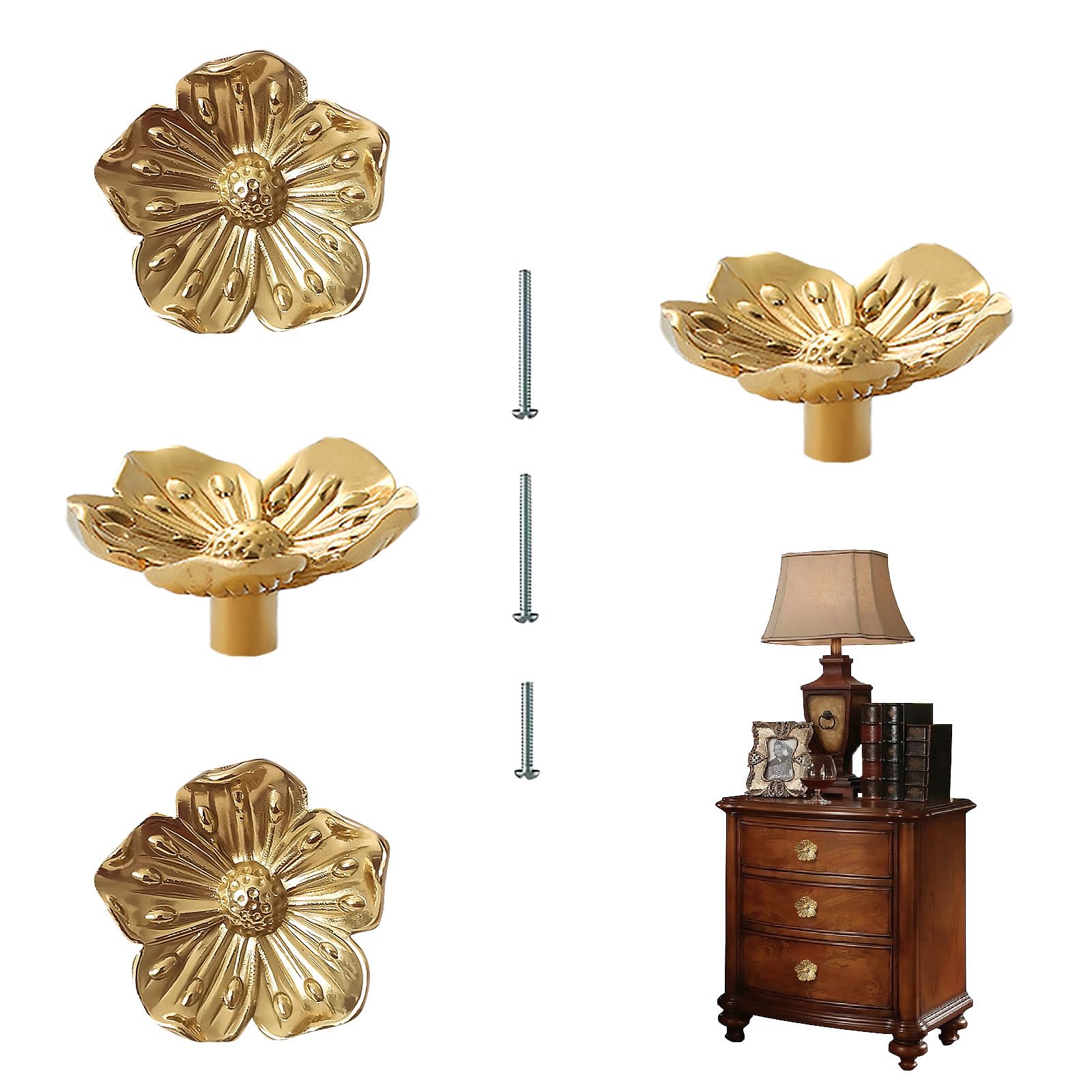 4 pcs Cabinet Knobs, Brushed Brass Flower Shape Drawer Knobs Dressers Pulls,Cabinet Hardware Handles for Drawer Bathroom Closet Wardrobe Dresser Cabinet (4pcs/Gold)
