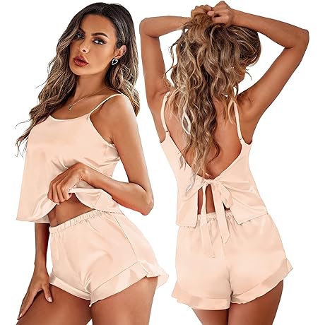 Women's Sexy Pajamas Set - Silky Satin Sleepwear Lingerie with Cami Top and Shorts
