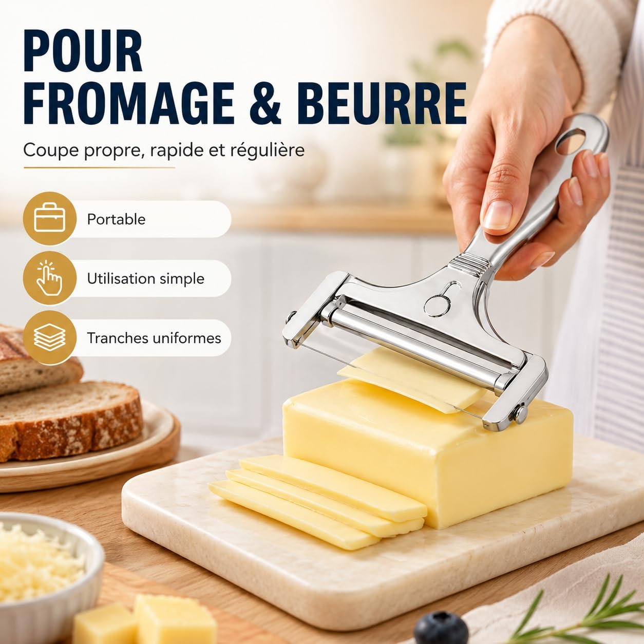 Trancheur à fromage manuel inox 4 fils de rechange réglable coupe-beurre portable argent brillant