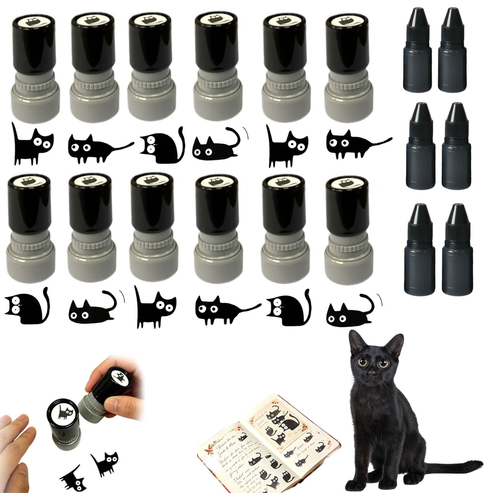Timbro rotondo autoinchiostrante a forma di gatto nero 2026, per diari, biglietti, album di ritagli, biglietti e ricompense per insegnanti, diari decorativi, set da 4 pezzi e due bottiglie di