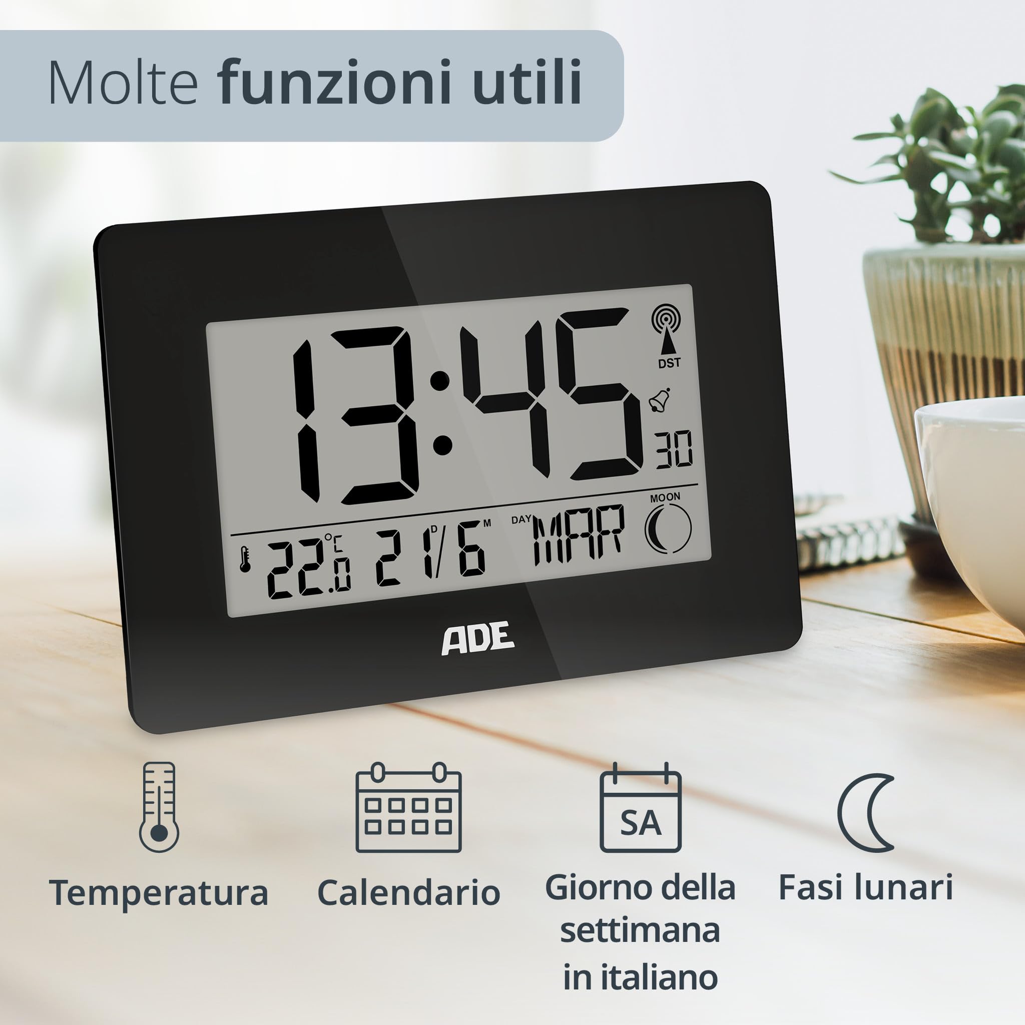 ADE Grande orologio digitale radiocontrollato con cifre XXL | orologio da tavolo e da parete con calendario | con termometro | sveglia radiocontrollata a batteria | nero