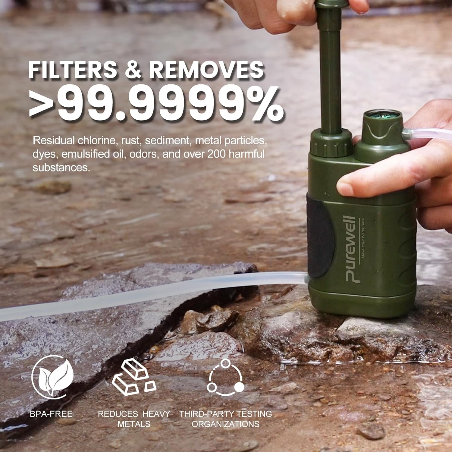 Purewell Water Hand Purifier Pump with Replaceable Carbon 0.01 Micron Water, Stages, Portable Outdoor Emergency and Survival Gear - Camping, Hiking, Backpacking(Green)