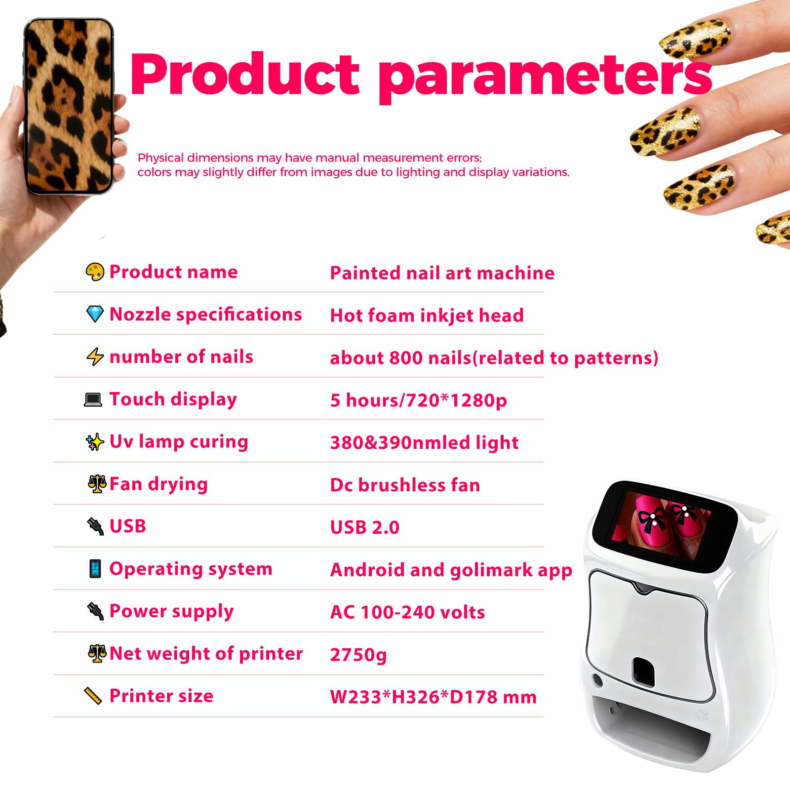 Stampante per Unghie Gel, Stampante per Unghie Portatile, Disegno rapido 10s, Stampante per Unghie con App e Bluetooth, Stampante per Unghie Professionale, per DIY,Studi per Unghie White