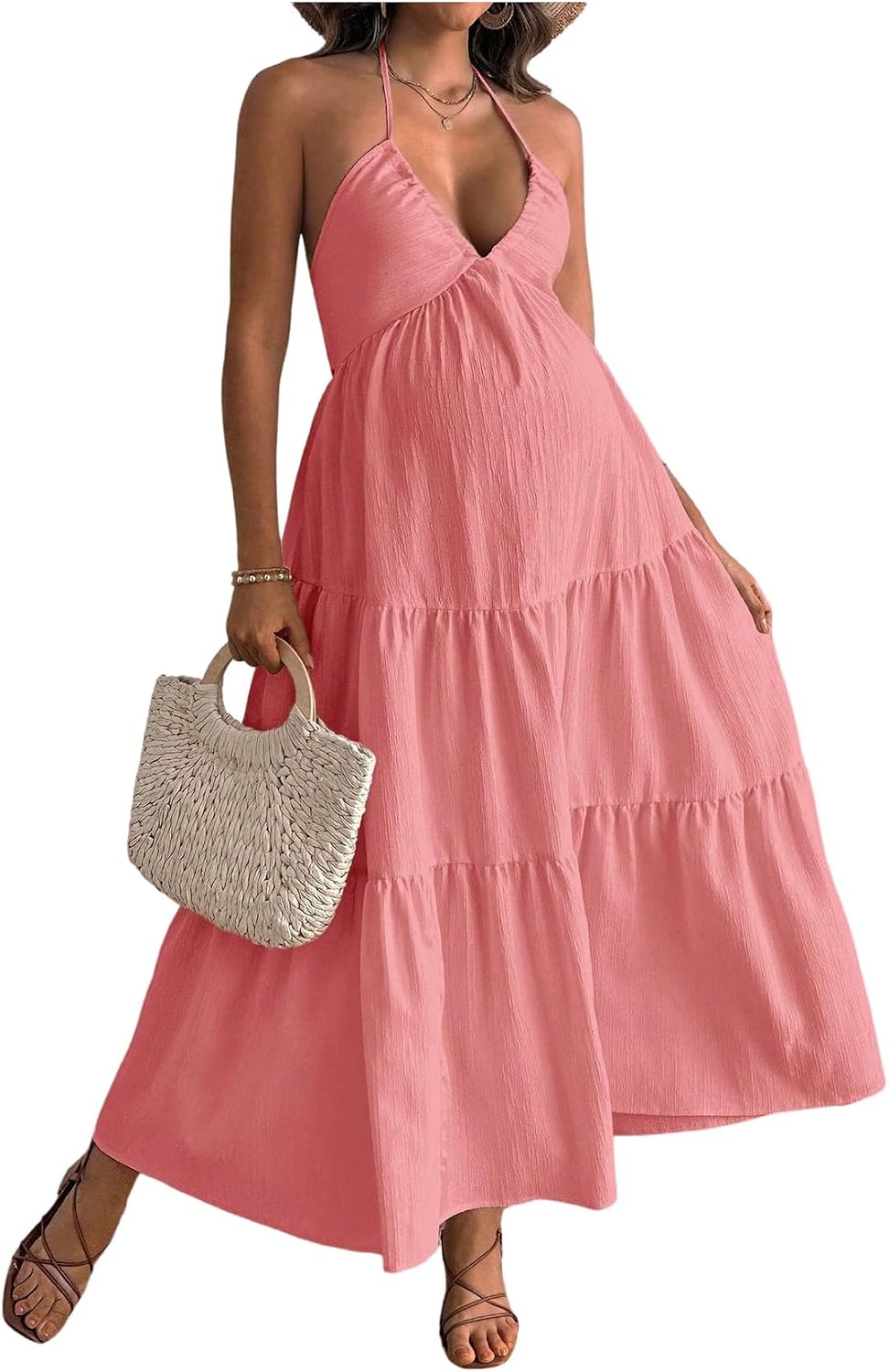 Milumia Women's Maternity Halter Maxi Dress V Neck Tie Backless Long Flowy Beach Vacation Summer Dresses