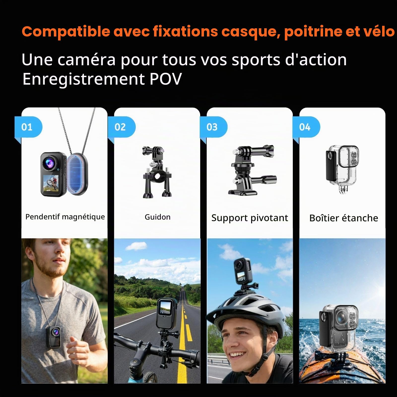 Caméra Sport 5K 64MP, Mini Caméra d’Action Magnétique 66g, Double Écran 1,3", Caméra Vlog POV pour Vélo & Voyage, Stabilisation 1080P, Étanche 30M avec Boîtier, Carte 64Go
