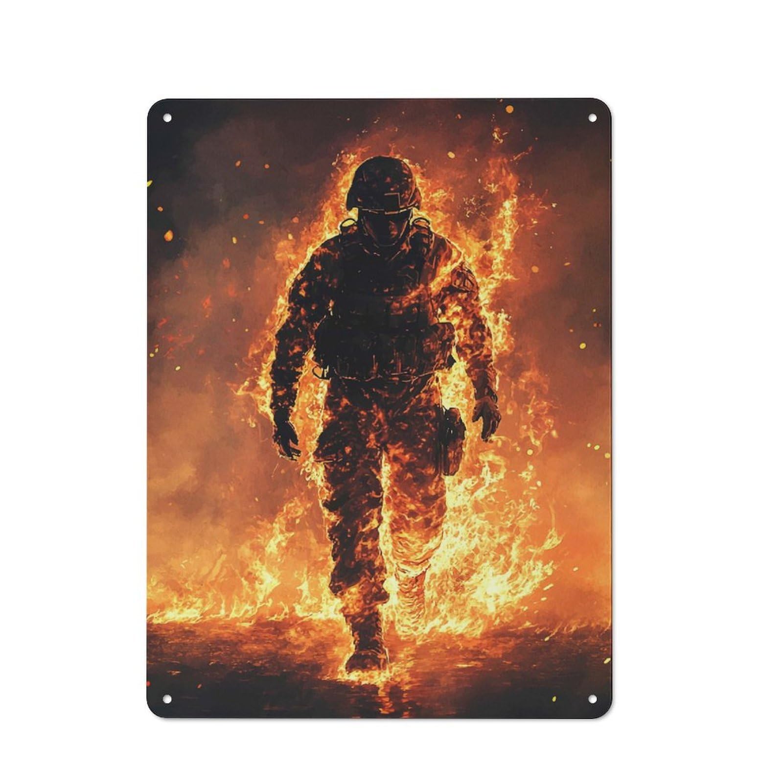 Junmoney Style-12 Tin Wall Plaque 40X30cm With Burning Soldier For Workshop Wall, Housewarming Wall Decor For People Furnishing Workshop