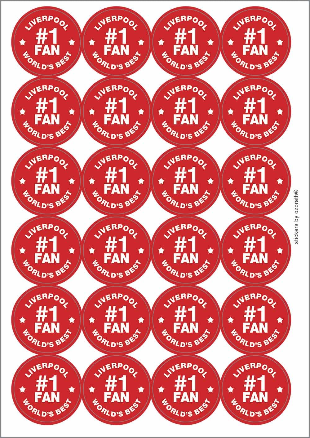 Liverpool #1 Fan Circular Matt Paper Stickers A4 Sheet of 24 (Each Sticker is 45mm Diameter)