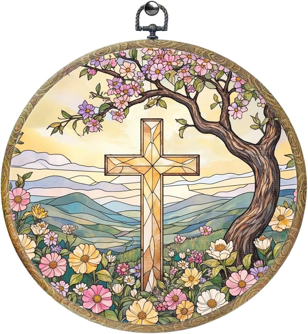 Inspiratonal Wildflower Cross Faith Christian Gifts for Women Men Religious Gifts Framed Round Wall Decor Canvas Wall Art Hanging Prints Artwork for Home Office Housewarming Party 10.2X10.2 Inch