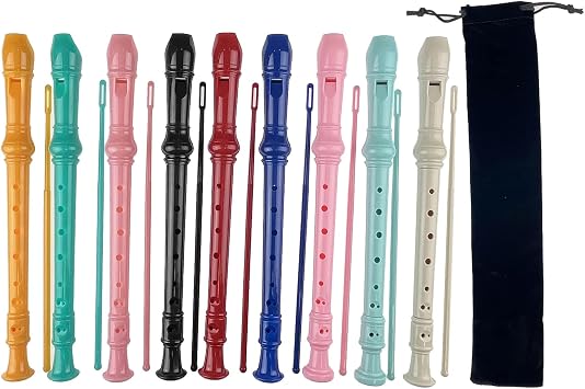 9 Pack ABS German Style 8 Hole Descant Soprano Recorders with Cleaning Rod, Black Storage Bag Multicolor-9 pack