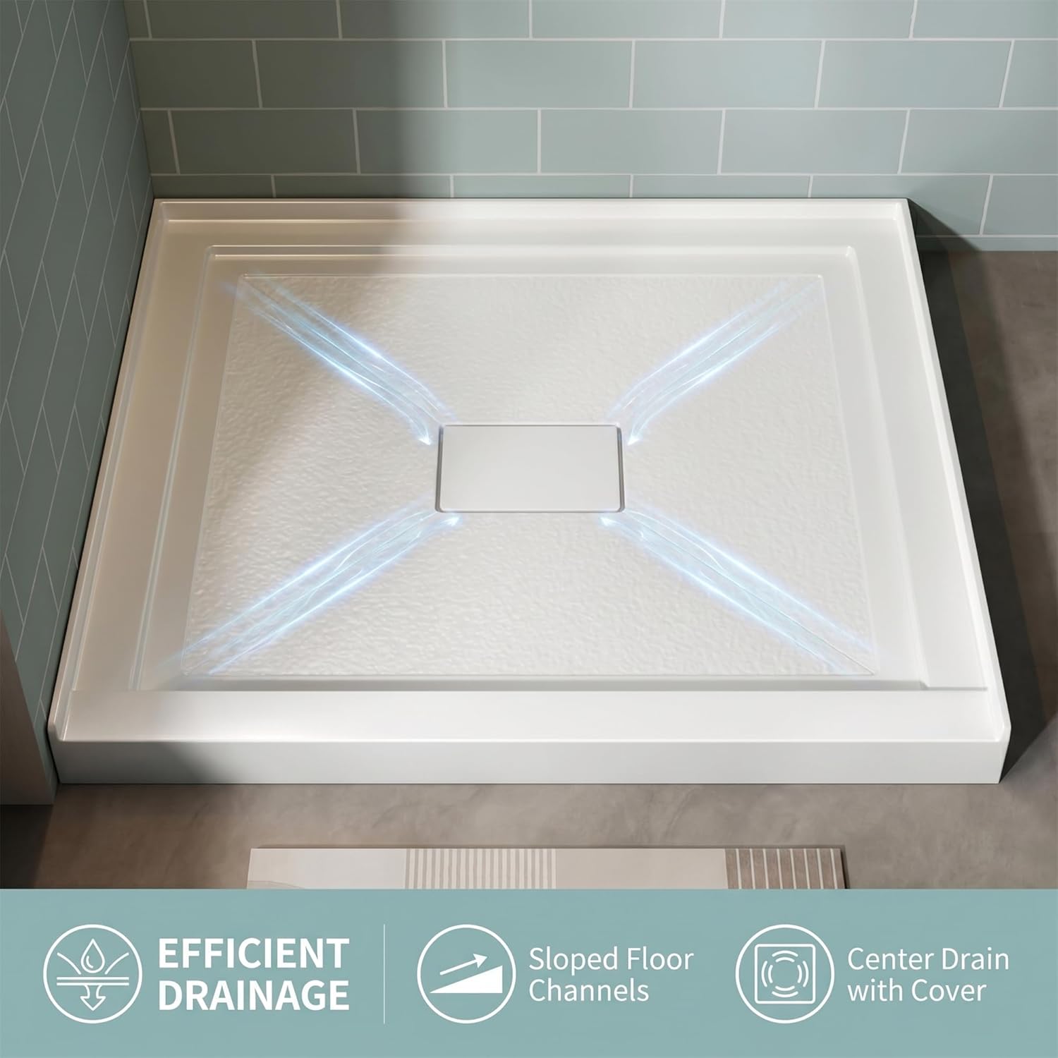 36x36 Inch White Acrylic Shower Base, Center Drain, Non-Slip Textured Surface, Single-Threshold Design for 3-Wall Alcove Installation, Fiberglass Reinforced, Easy to Clean, Anti-Yellowing