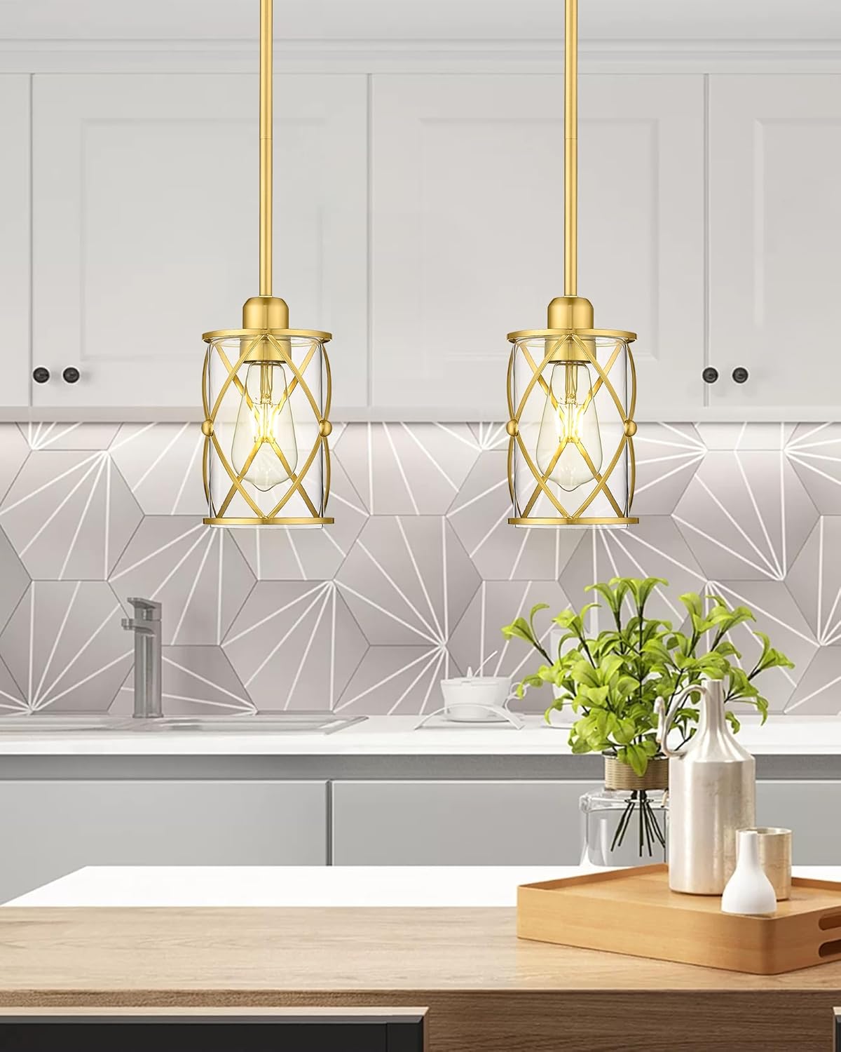 brushed gold pendant lights kitchen island, 2 pack brass glass pendant light fixture farmhouse cage hanging lighting with rod for kitchen island sink bathroom, ch9176bg-2pkg gold, clear glass 1-light, 2 pack