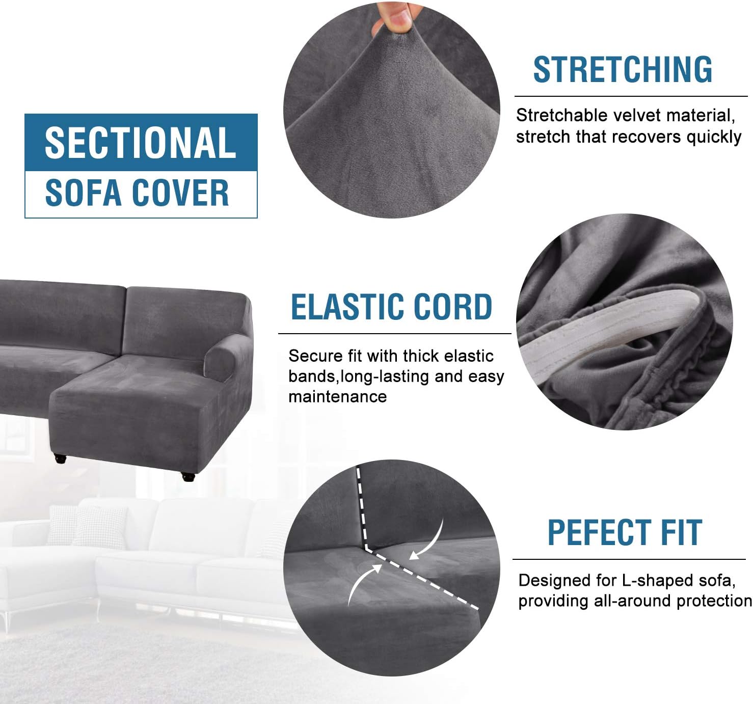 Rich Velvet Stretch 2 Pieces L-Shaped Sofa Covers Anti-Slip Sectional Sofa Slipcovers with Straps Bottom Luxury Thick Velvet Corner Sofa Cover(Large Size=Right Chaise with 2 Seater, Grey)