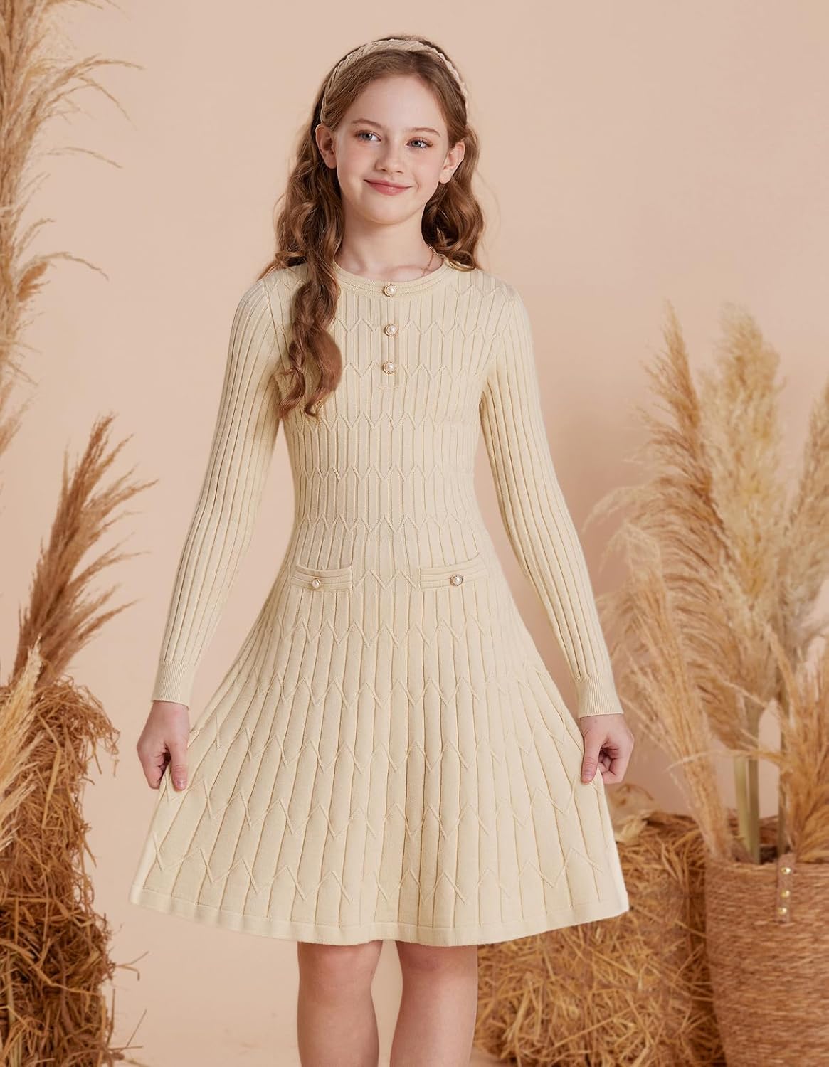 GRACE KARIN Girls Dress Fall Winter Sweater Long Sleeve Cable Knit Button Casual Dresses for Teen Girl 6-14Y - Image 3