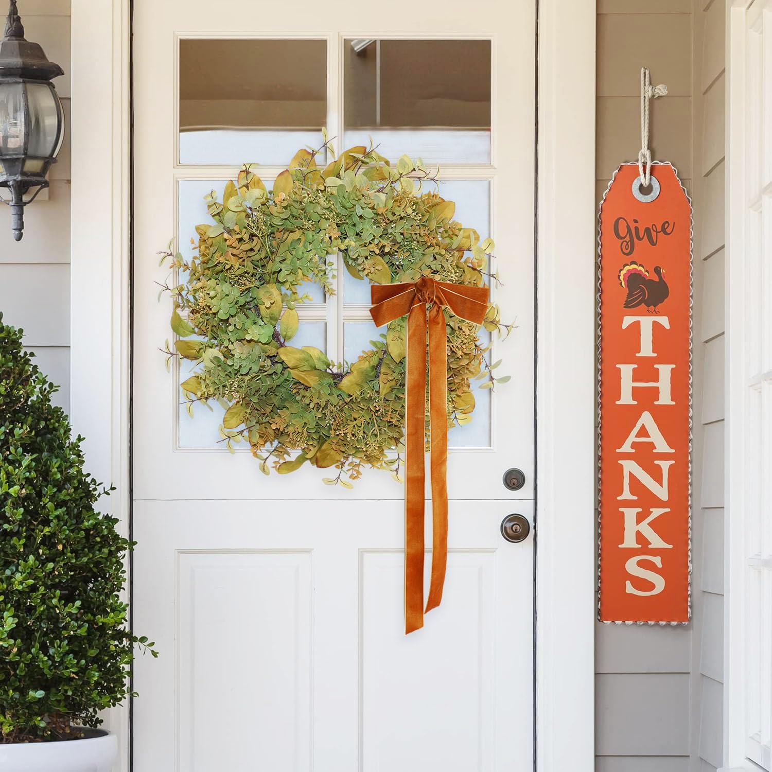 24 Inch Pre-Lit Boxwood Fall & Winter Wreath for Front Door Porch