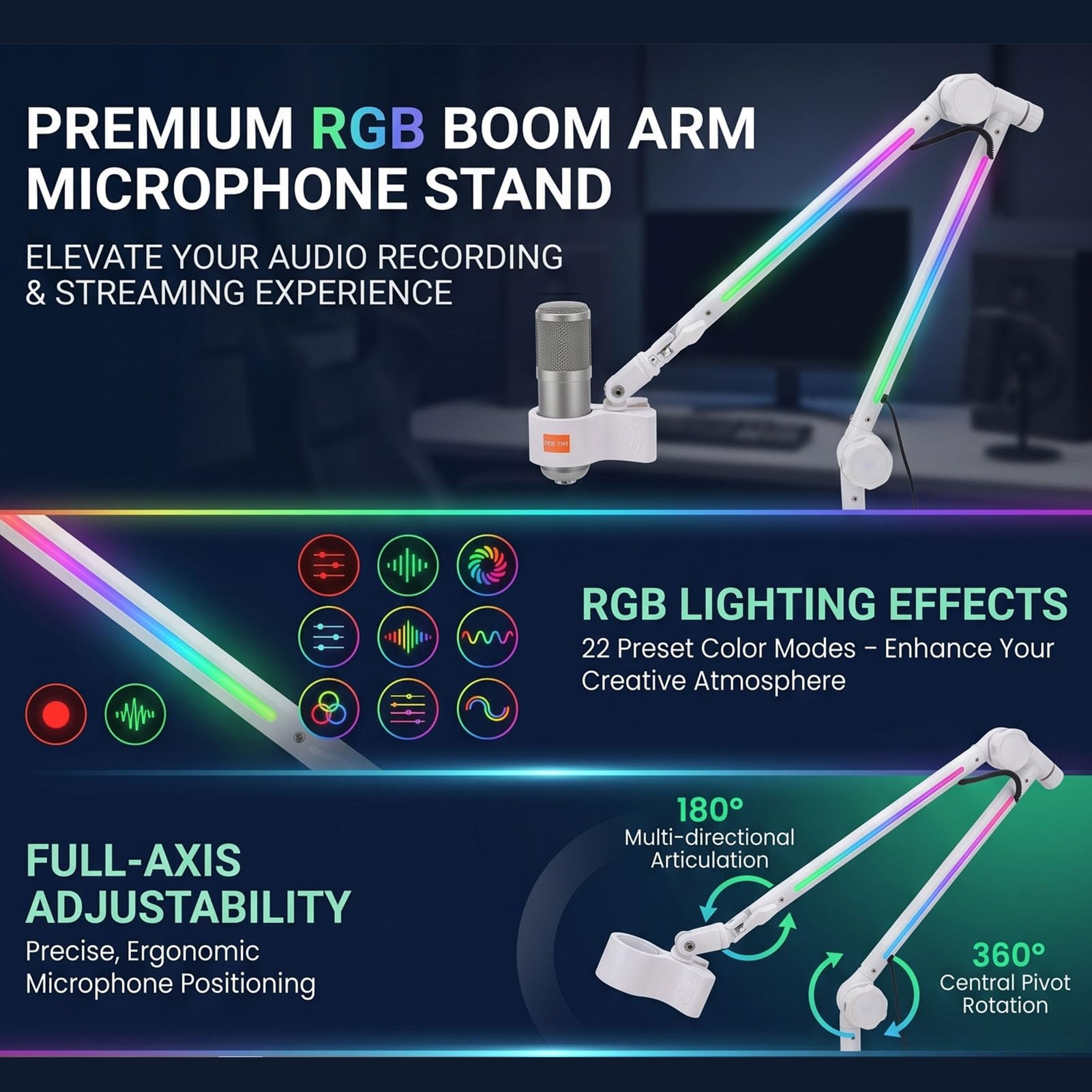 Jectse Soporte de Micrófono con Brazo Articulado RGB con 22 Modos de Color Rotación de Pivote de 360° Ajustable de 180° con Adaptador de 3/8 a 5/8 para Transmisión de Grabación de Estudio