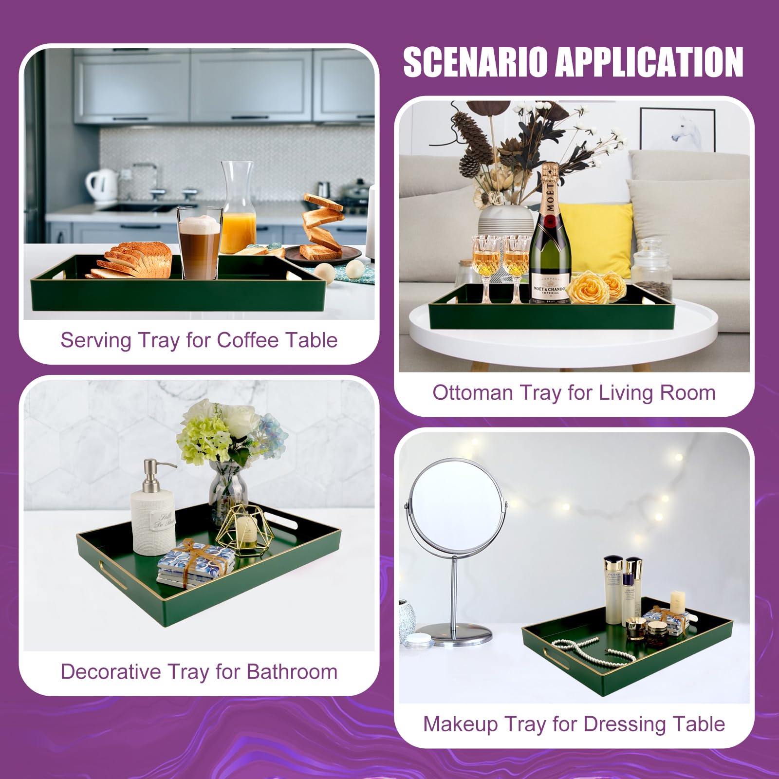Gifturbo Bandeja de servir verde con asas, bandeja rectangular de plástico elegante decorativa para mesa de café otomana, sala de estar, baño, decoración del hogar, bandeja de tocador con ribete