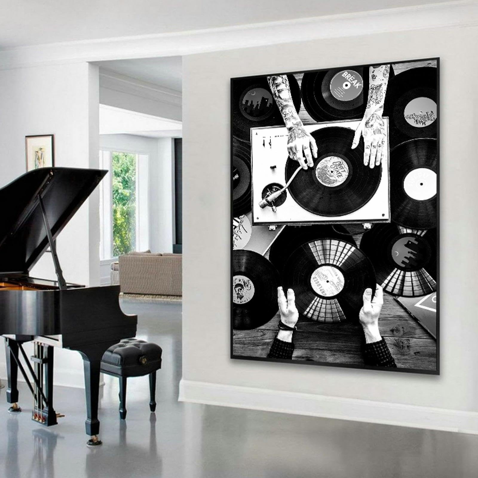 Arte de la pared en blanco y negro Impresiones de carteles enmarcados para sala de estar Registro de fonógrafo vintage Pintura en lienzo Arte de la pared Decoración para el hogar 70X100 cm con marco