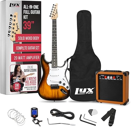 Kit de guitarra eléctrica con amplificador de 20W, todos los accesorios, sintonizador digital de broche, seis cuerdas, dos uñas de guitarra, barra