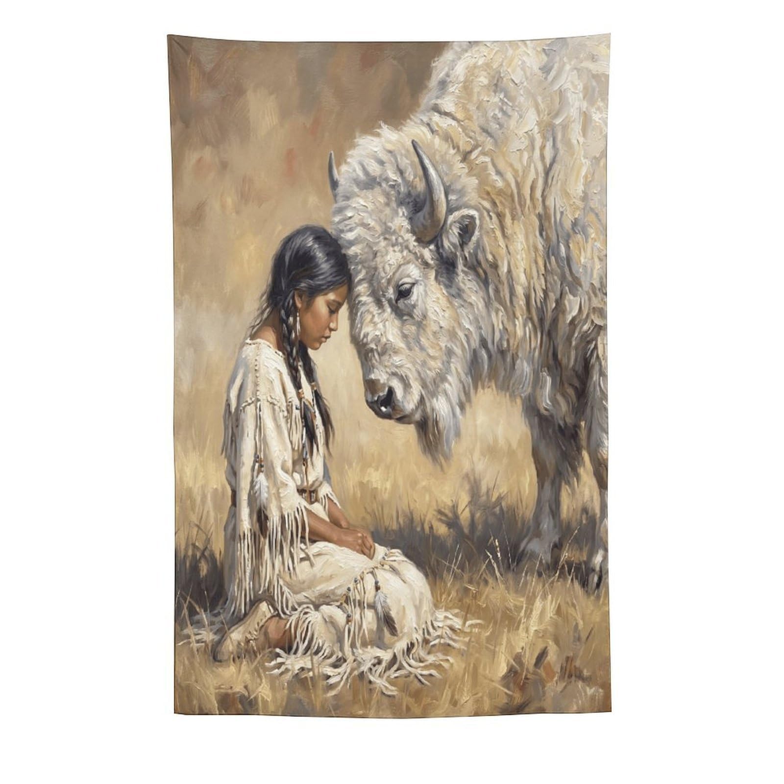 W7C8U2X3 White Buffalo Woman Rustic Wall Tapestry, Native Prairie Legend