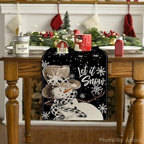 Miniatura 7 de Artoid Mode Camino de mesa de invierno con diseño de copo de nieve y muñeco de nieve negro, decoración de mesa de comedor para decoración de fiesta