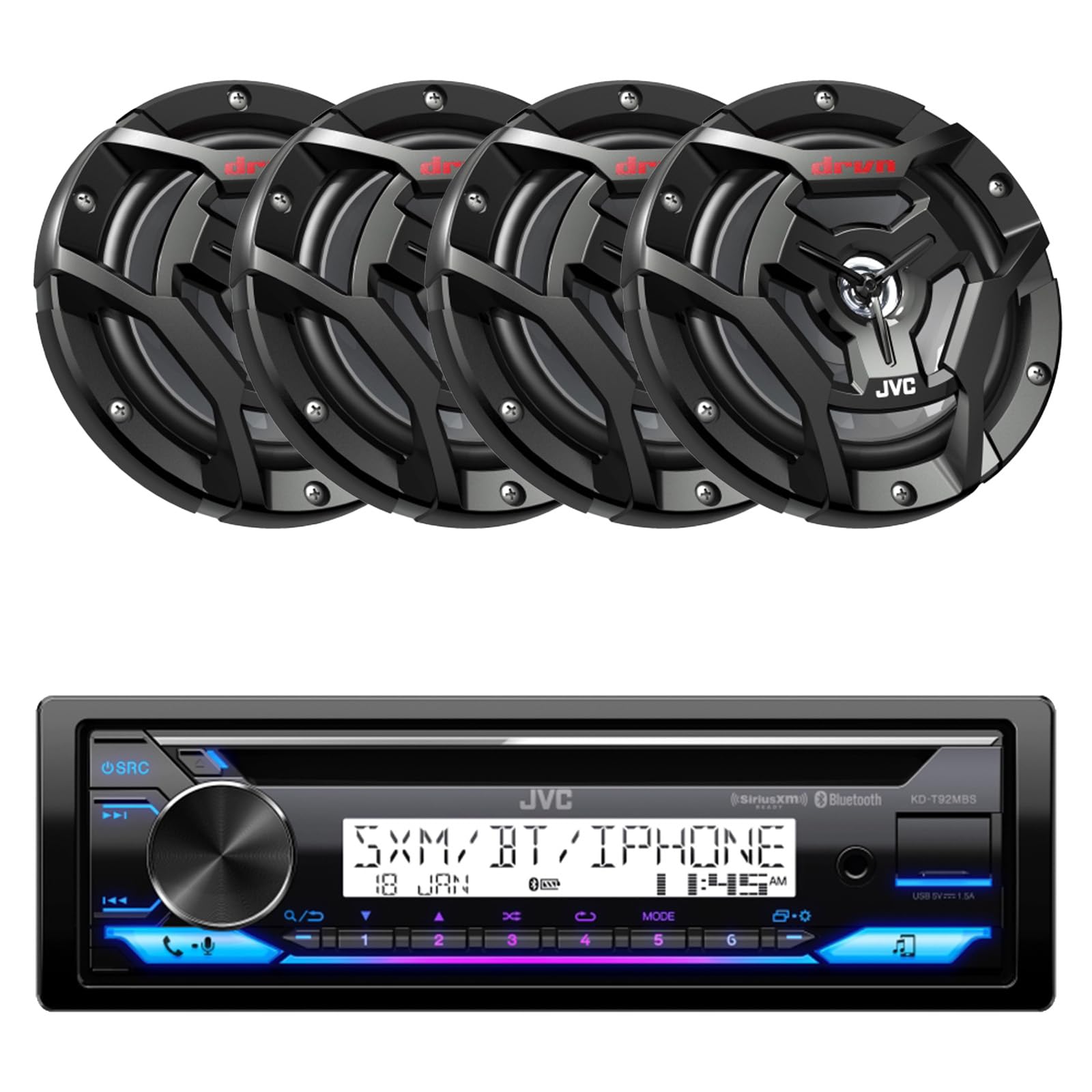 JVC KD-T92MBS Single DIN Marine Motorsports USB Bluetooth AM/FM Stereo CD Player Receiver with 4X 6.5 150 Watt Peak Power 2-Way Waterproof Boat Audio Speakers (Black)