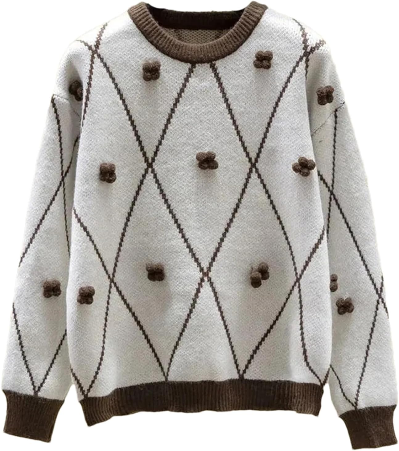 Women's Winter Suit Loose Flower O-Neck Long-Sleeve Sweater + High Waist Brown Bow Pleated Skirt Korean 2Pcs Set