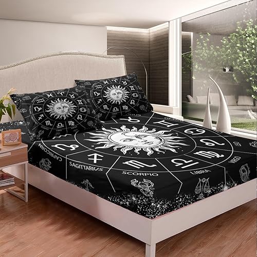 Miniatura 2 de Manfei Juego de sábanas ajustables de sol y luna, tamaño individual, doce constelaciones, del zodiaco, para decoración de dormitorio de niños y