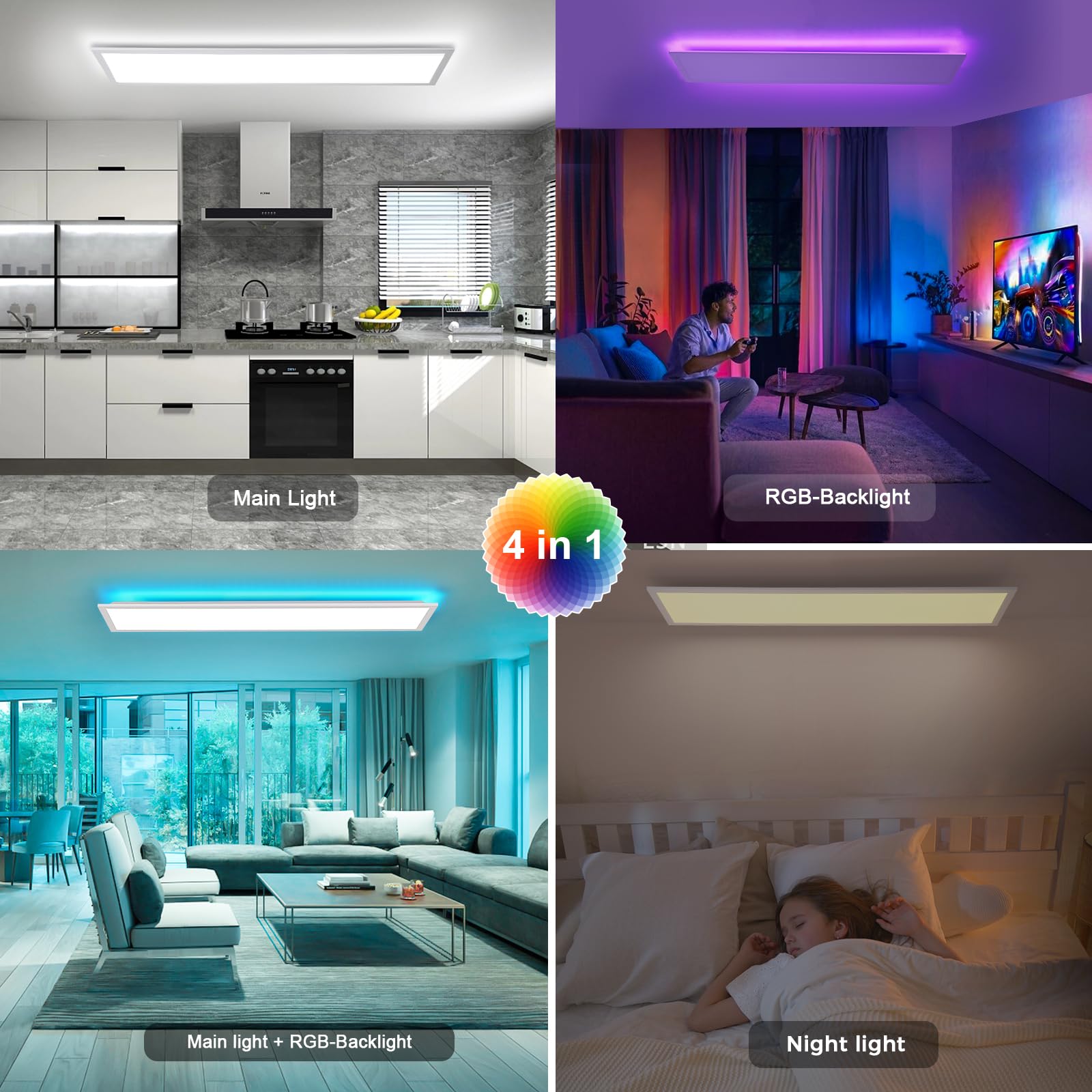 Oraymin LED Panel Deckenleuchte 120x30, RGB Deckenlampe mit Fernbedienung, 40W 4800LM Lampen mit Speicherfunktion, 3000K-6500K LED Lampe Decke als Wohnzimmerlampe, Küchenlampe, Bürodeckenleuchten