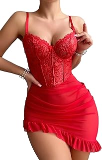 Sexy Corset Bodycon Ruffle Sheer Underwire Mesh Lace Floral Outfits Babydoll Lingerie Set Dress with Thong 2 Piece - Buy now