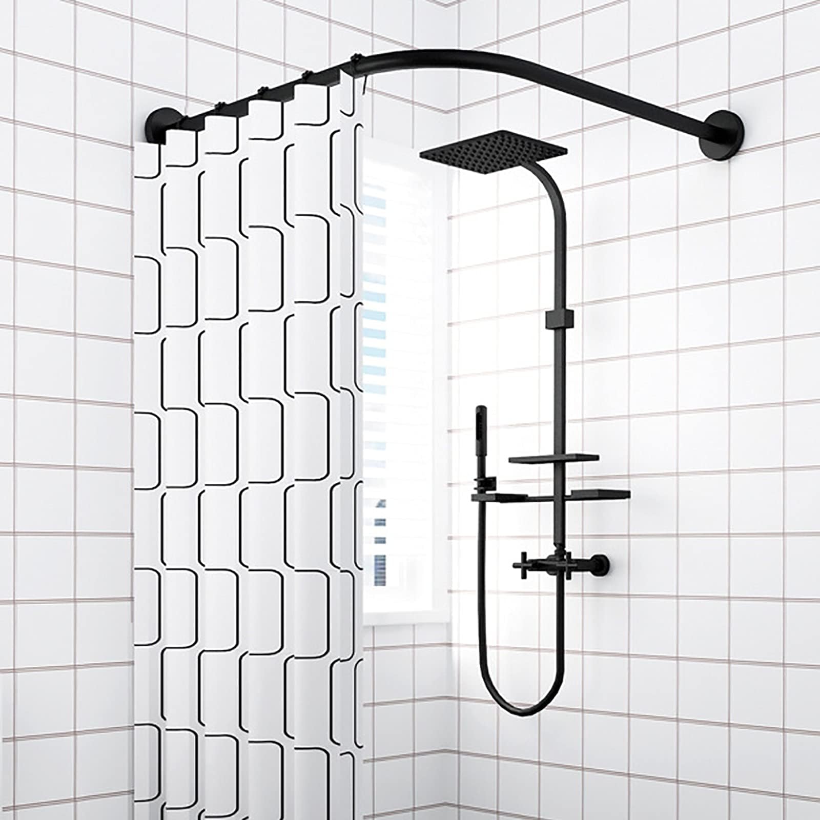 L Salle De Bain Pôles De,Barre De Douche Extensible Barre Rideau Douche Barre De Douche Noir Fixation Murale sans Percer Tringle Douche Angle,100% Antiroui(Size:70 to 95cm x 70 to 95cm)